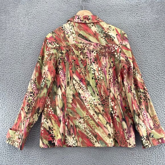 Chicos Jacket Womens 1 US Medium Green Red Multi Animal Print Shimmer Button Up - Picture 3 of 9